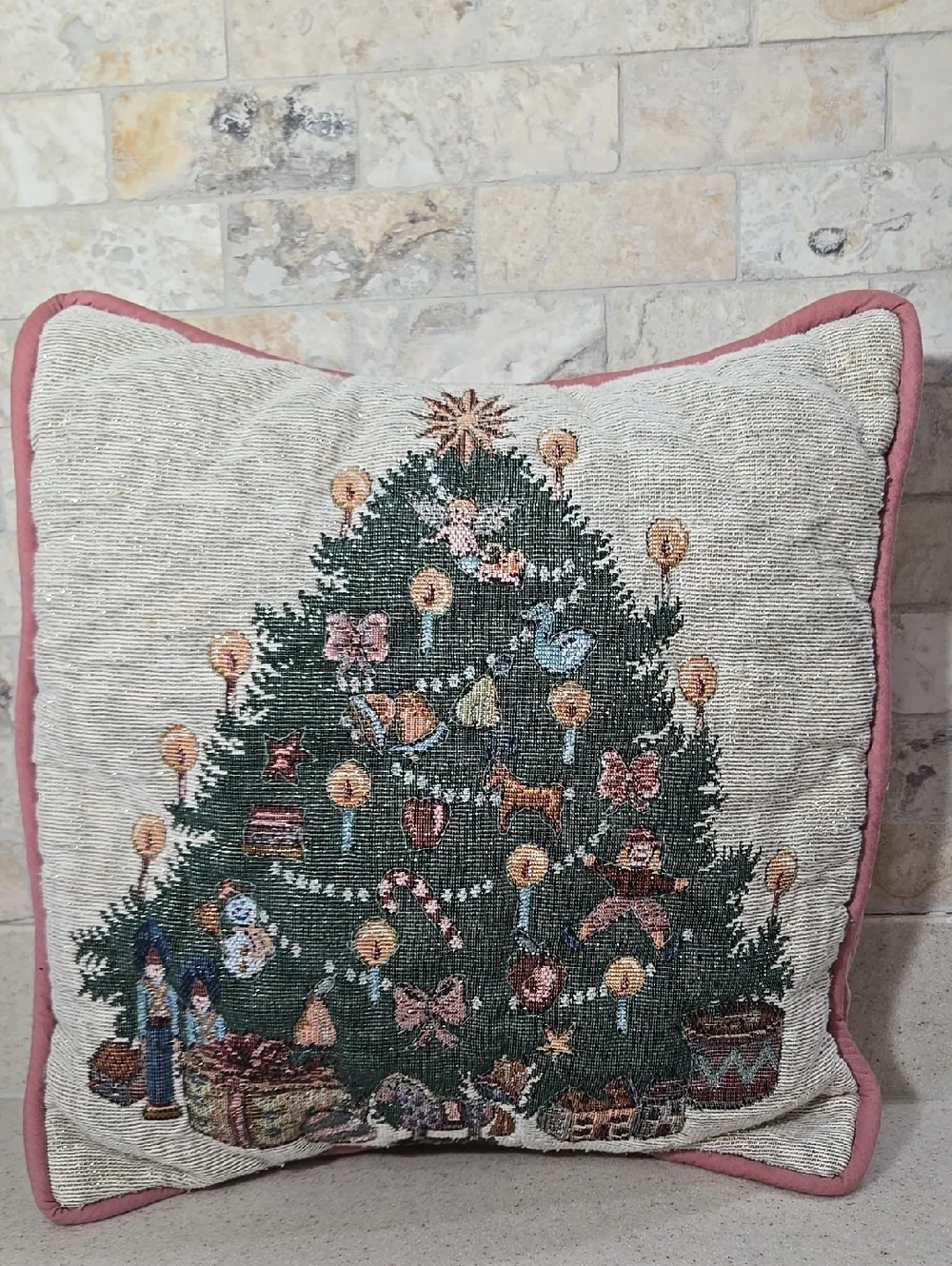 Vintage Needlepoint Style Christmas Holiday Throw Decorative Pillow